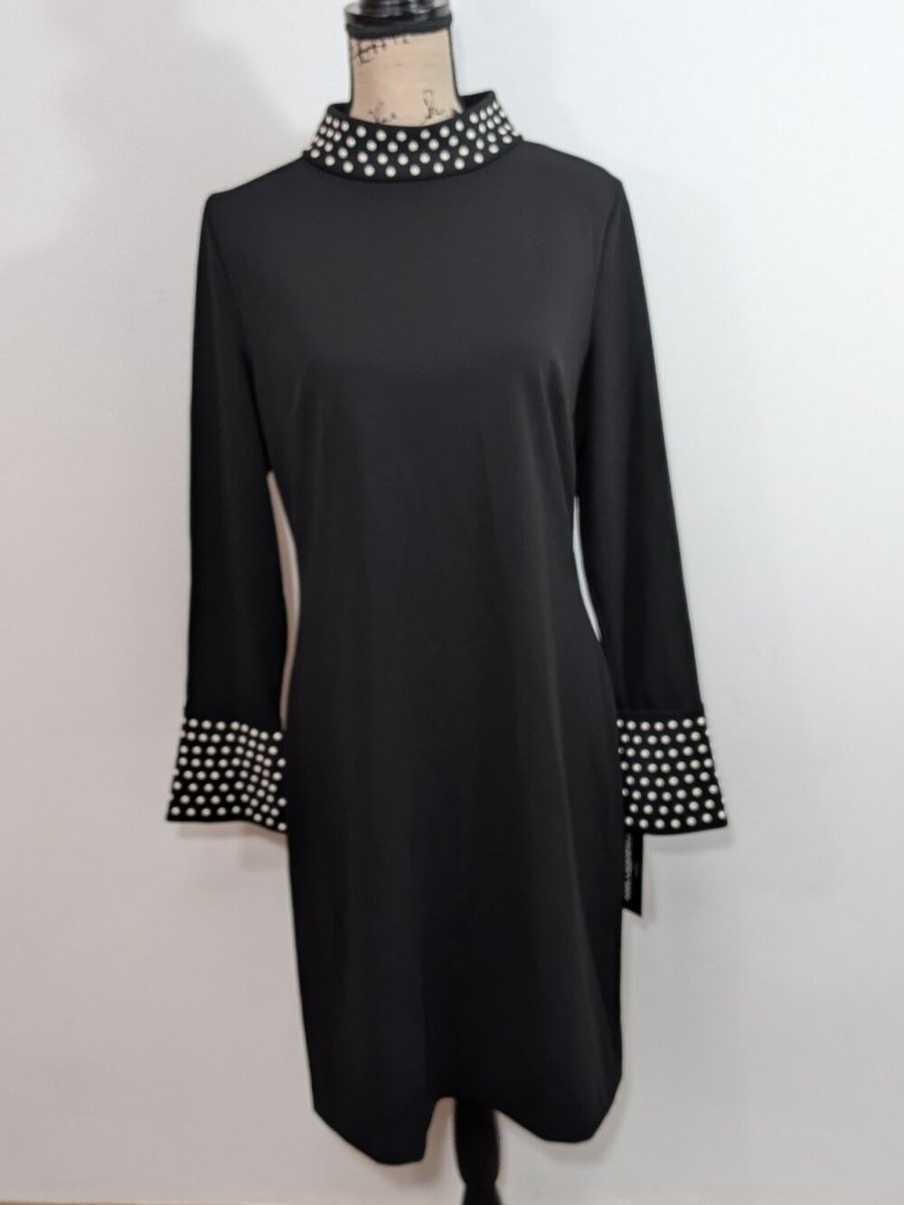 Karl Lagerfeld Paris Women's Black Faux Pearl Trim Bell Sleeves Dress 12 NWT